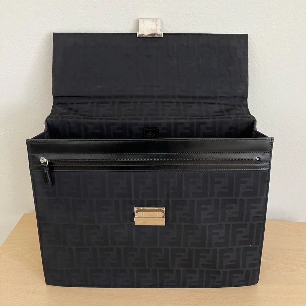 Rare FENDI Zucca Black Monogram Briefcase Unisex Canvas Leather EUC 1990s